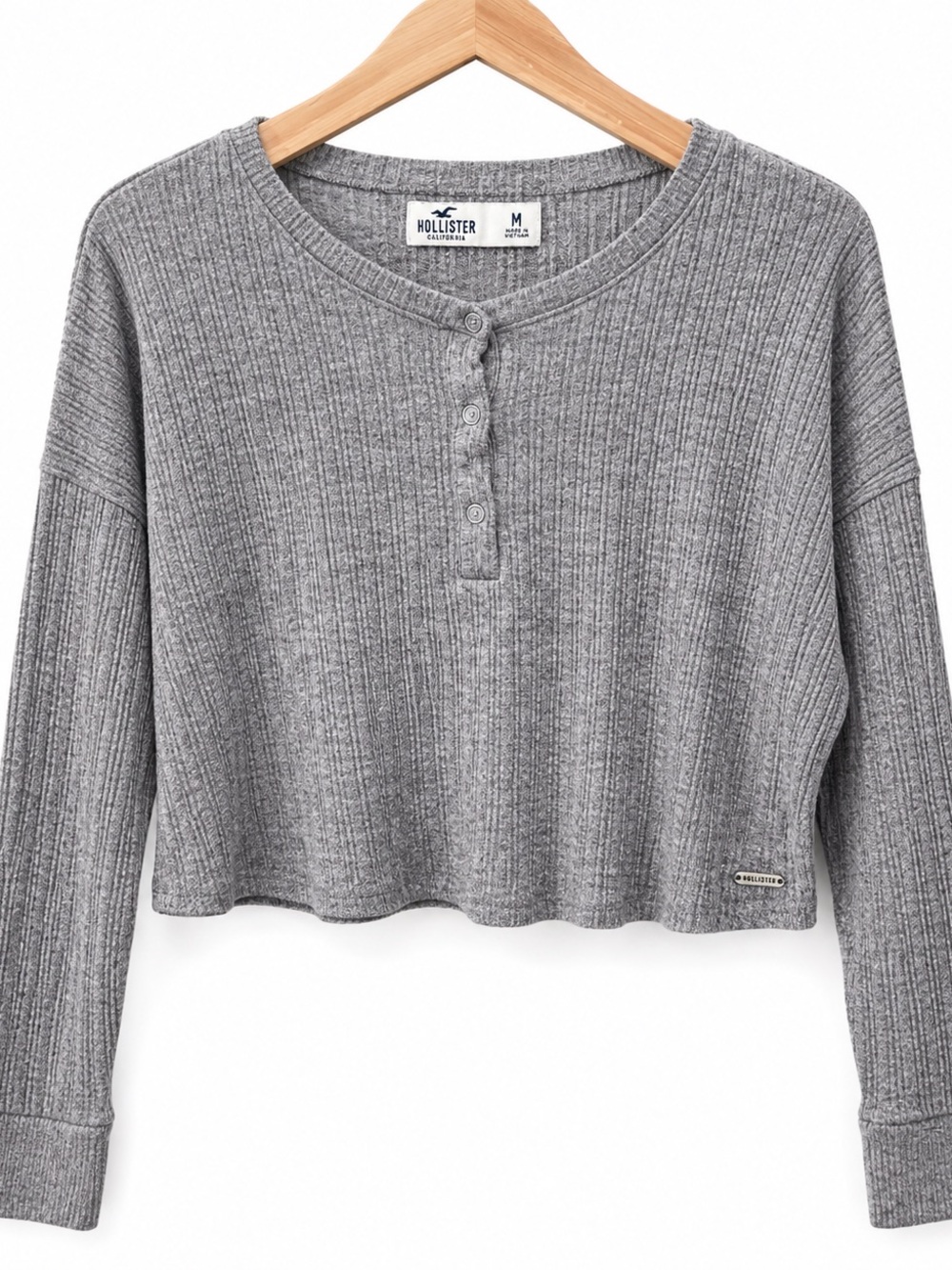 Hollister Gray Ribbed Cropped Henley Top Size M Long Sleeve Y2K